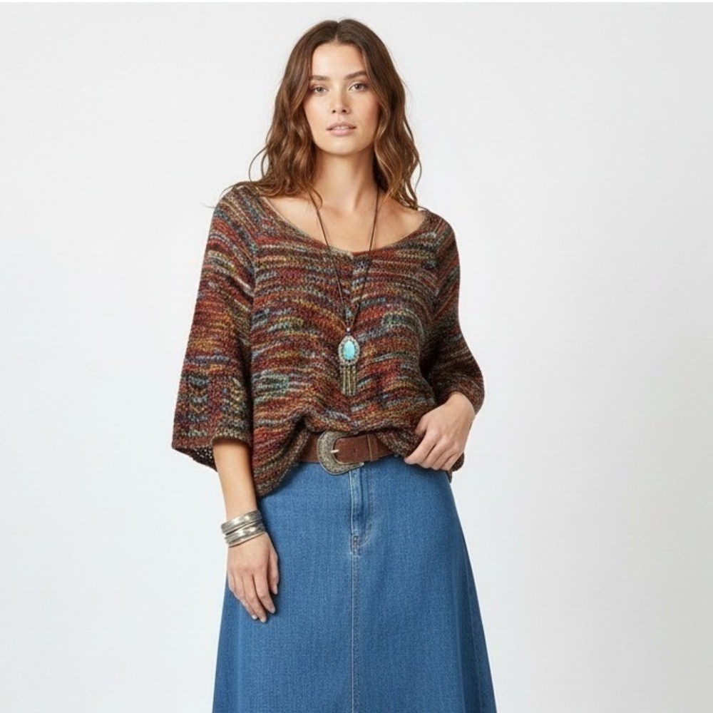 United States Sweaters Space Dye Knit Bell Sleeve Top Multi-Color Boho Size M